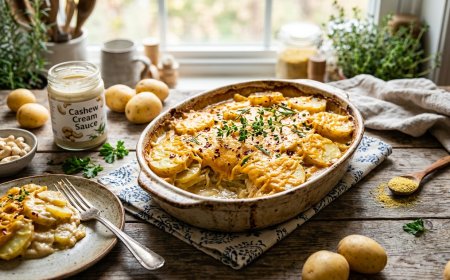क्रीमी काजू सॉस के साथ चीज़ी वेगन आलू बेक कैसे बनाएं (How to Make a Cheesy Vegan Potato Bake with Cashew Sauce)