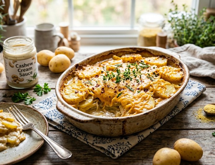 क्रीमी काजू सॉस के साथ चीज़ी वेगन आलू बेक कैसे बनाएं (How to Make a Cheesy Vegan Potato Bake with Cashew Sauce)